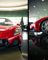 two photos of a red sports car in a showroom